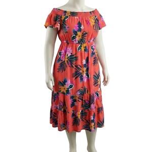 Old Navy Midi Dress Size M Coral Blue Yellow Floral Waist Defined Off Shoulders